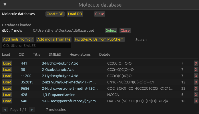 Mol databse window