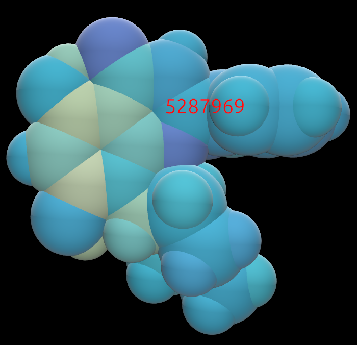 A small molecule, colored by partial charge